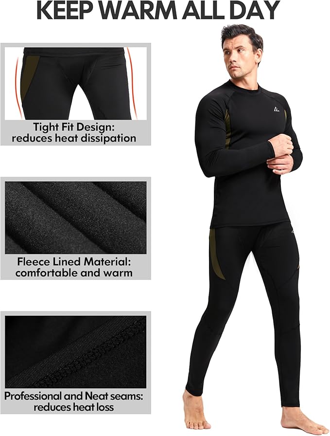 CL convallaria 2 Pack Mens Thermal Underwear Fleece Lined Long Johns Winter Base Layer Cold Weather Hunting Gear