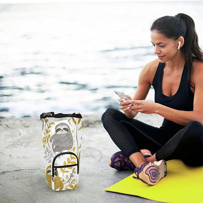 Cartoon Sloths Leaves White Water Bottle Holder with Strap Insulated Water Bottle Carrier Crossbody Bags Pouch with Phone Pocket for Travel Gym Hiking Walking Running