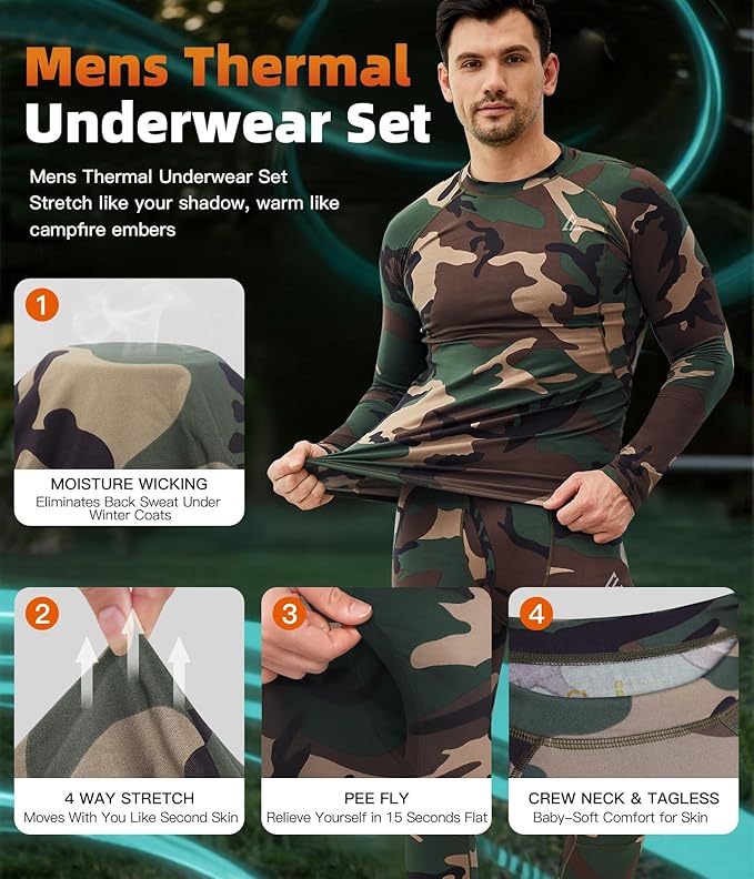 CL convallaria Mens Thermal Underwear Set with Fly Long Johns Base Layer Winter Hunting Gear Sport Top and Bottom