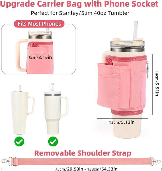 All Day Quencher Carry All for Stanley 40/30 oz Tumbler, Crossbody Bag with Phone Holder & Strap, Water Bottle Carrier Bag
