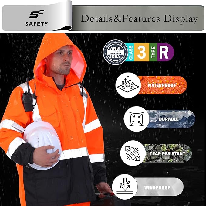sesafety Hi Vis Rain Jacket, Rain Suits for Men Waterproof withBlack Bottom, Rain Coats for Men Interior Mesh, Class 3 HighVisibility Rain Gear,Removable Hood