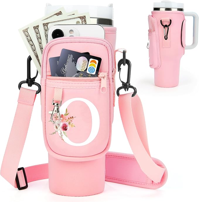 Initial Water Bottle Holder with Strap for Stanley 40 oz Tumbler/Simple Modern 40 oz Tumbler,Water Bottle Carrier Bag with Strap,Personalized A-Z Phone Pocket for Stanley Cup Accessories