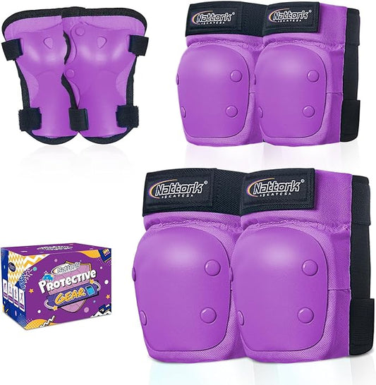 Nattork Knee Pads for Kids Youth Audlt，Knee and Elbow Pads with Wrist Guards 6 in 1 Protective Gear Set for Skateboard, Roller Skate, Inline Skates, Cycling and Scooter Boys Girls