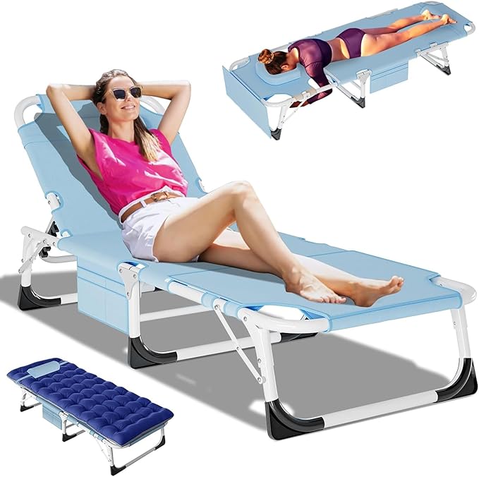 DoCred Heavy Duty Tanning Chair with Face Hole, Adjustable 5-Position Folding Chaise Lounge Chairs for Outside, Portable Lay Flat Beach Lounge Chair for Outdoor Sunbathing Beach Pool Lawn Camping