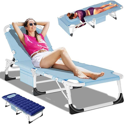 DoCred Heavy Duty Tanning Chair with Face Hole, Adjustable 5-Position Folding Chaise Lounge Chairs for Outside, Portable Lay Flat Beach Lounge Chair for Outdoor Sunbathing Beach Pool Lawn Camping
