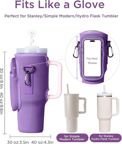 dabria Water Bottle Carrier Bag with Phone Pocket for Stanley 40/30 oz Tumbler Neoprene Water Bottle Holder Pouch with Adjustable Strap Bollus with Straw Cover & Carabiner for Stanley Cup Accessories