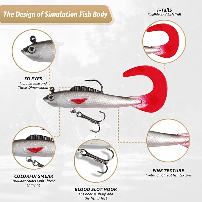 Inmorven Soft Fishing Lures Shad Minnow Swimbaits, Pre-Rigged Jig Head Paddle Tail Swimbaits for Freshwater and Saltwater, Jigs Fishing Bait for Bass Crappie Trout Walleye, Fishing Gifts for Men