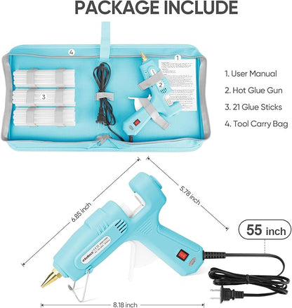 ROMECH Full Size Hot Glue Gun with 60/100W Dual Power and 21 Hot Glue Sticks (7/16"), Fast Preheating Heavy Duty Industrial Gluegun with Storage Case for Crafting, DIY and Repairs (Cyan)