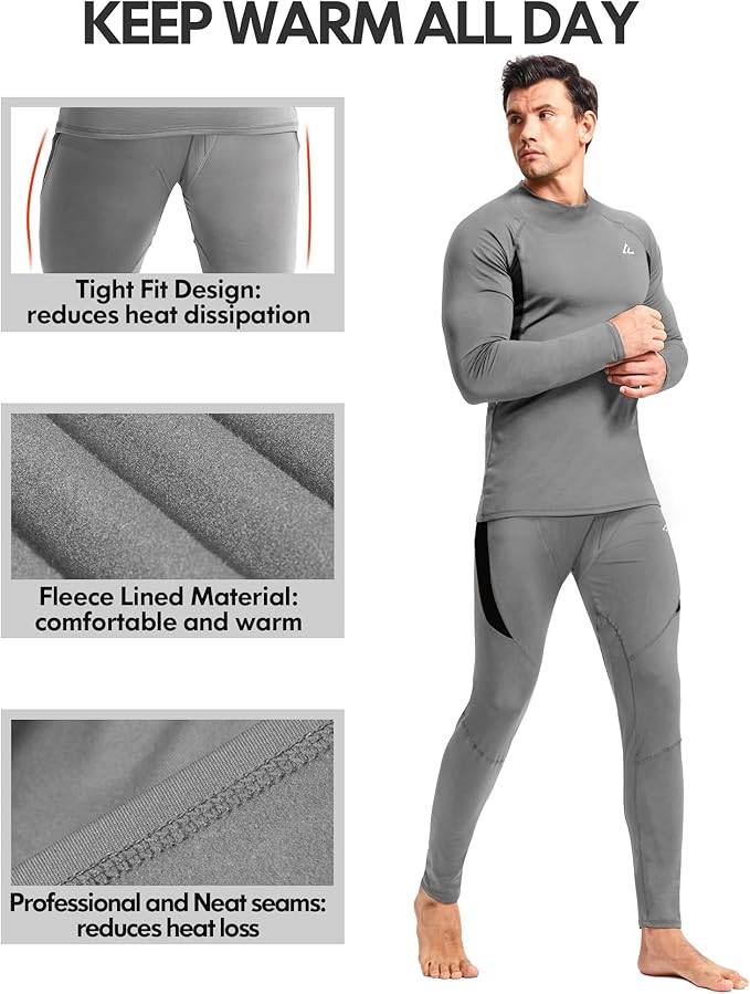 CL convallaria 2 Pack Mens Thermal Underwear Fleece Lined Long Johns Winter Base Layer Cold Weather Hunting Gear