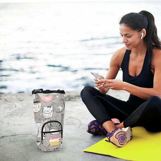 Grey Cat Water Bottle Holder with Strap Insulated Water Bottle Carrier Crossbody Bags Pouch with Phone Pocket for Travel Gym Hiking Walking Running