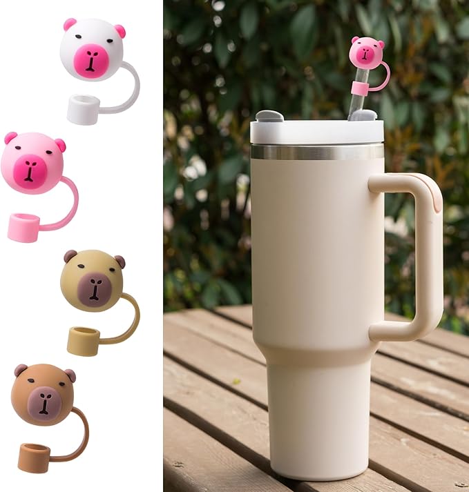 8 silicone straw lids and mug covers for Stanley Cup 30-40 oz. with handle straw cups, 10mm straw lids, dust-proof reusable straw cup lid accessories (4 colors, bear pattern design)