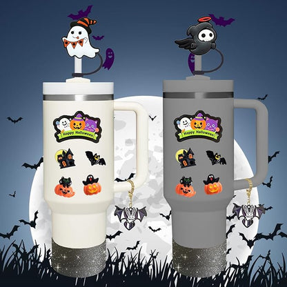 Stanley Cup Accessories Set,Including 3 Pcs 0.4in Halloween Straw Cover, 5 Pcs Halloween 3D&Flat Stickers, 1 Pcs Handle Charm, 1 Silicone Boot Fits Stanley 40&30 Oz Tumbler (Glitter Black)