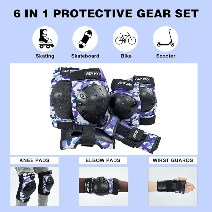 Adult/Youth/Kids Knee Pads and Elbow Pads Set Skateboard Protective Gear, 6 in 1 Knee Guards Kids Wrist Guards for Roller Skating Skateboarding Biking