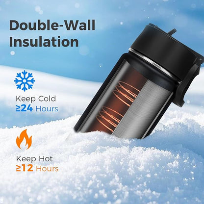 Neihepal 22 oz Insulated Water Bottles Bulk, Stainless Steel Water Bottles Bulk with Leak Proof Straw Lid, Wide Mouth Double Walled Vacuum Keeps Cold and Hot(Black,8 Pack)