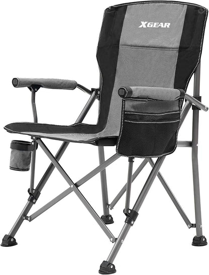 XGEAR Camping Chair Hard Arm High Back Lawn Chair Heavy Duty with Cup Holder, for Camp, Fishing, Hiking, Outdoor, Carry Bag Included