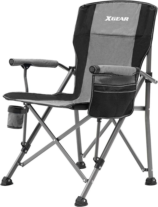 XGEAR Camping Chair Hard Arm High Back Lawn Chair Heavy Duty with Cup Holder, for Camp, Fishing, Hiking, Outdoor, Carry Bag Included