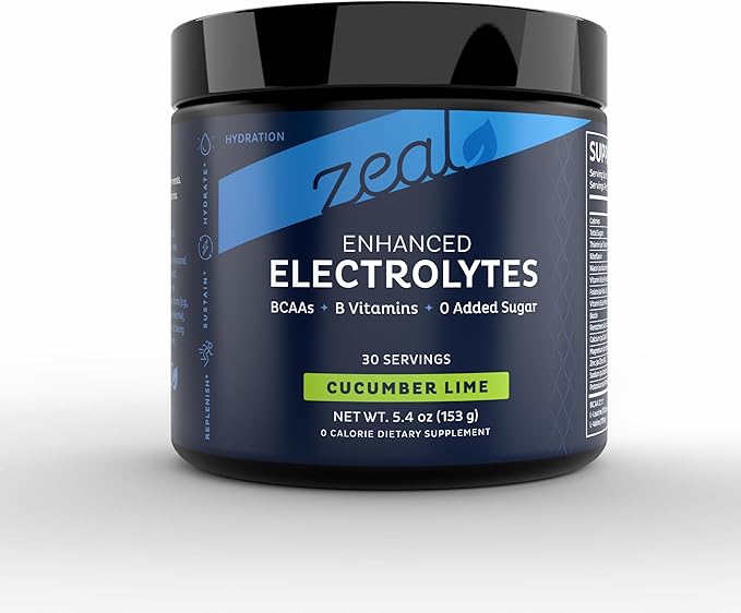Zeal Electrolyte Powder - 90 Servings | Keto Electrolytes Powder | Zero Sugar, BCAAs, B-Vitamins | Potassium, Zinc, Magnesium | Hydration Powder Recovery Drink | Cucumber Lime