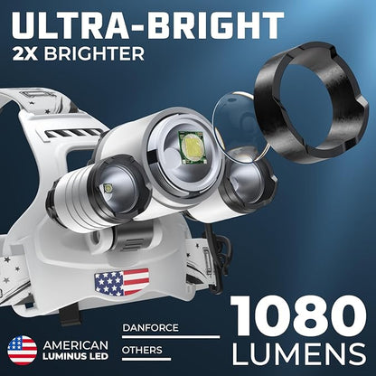 DanForce Headlamp. USB Rechargeable LED Head Lamp. Ultra Bright LUMINUS 1080 Lumen Headlamp Flashlight + Red Light. HeadLamps for Adults, Camping, Outdoors & Hard Hat Light. Zoomable IPX54 Headlight