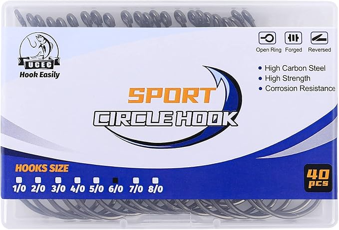 UCEC Circle Hooks Fishing Hooks 2X Strong Offset Circle Hooks Saltwater Black High Carbon Steel Octopus Catfish Fishing Hooks Fishing Gear Tackle 150pcs/ 240pcs - Size:#1 1/0 2/0 3/0 4/0 5/0 6/0 8/0
