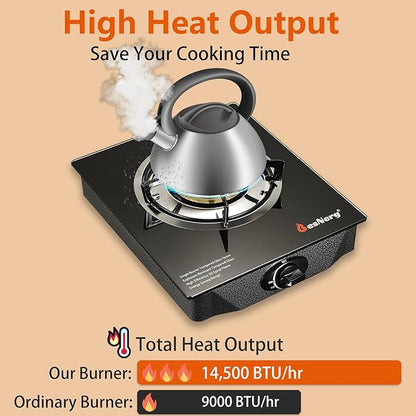 Propane Stove 1 Burner Gas Stove, 14500 BTU High-Efficiency Auto Ignition Tempered Glass LPG Cooktop with CSA Regulator and Hose – for Outdoor Camping, RV, and Emergency Cooking