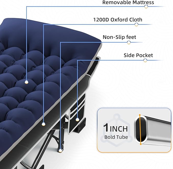 HABUTWAY Camping Cot with Mattress, 32" Extra Wide Camping Cots for Adults, Sleeping Cot for Adults Holds Up to 600LBS, Cots for Sleeping, Camp, Rv, Beach, Patio, Office Naps(Blue)