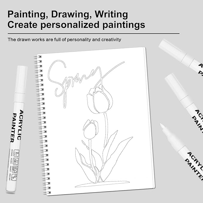 Acrylic Paint Pens Waterproof Markers 6 White Permanent Marker Pens Acrylic Pens for Rock Painting Glass Stone Ceramic Metal Fabric Pebble Painting pens Craft Supplies