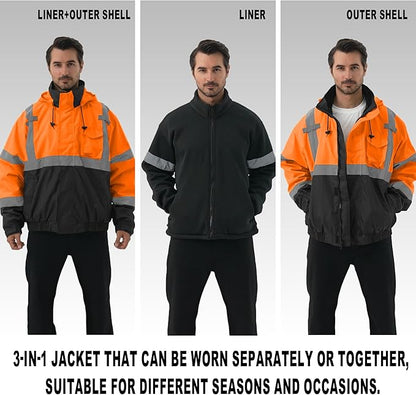 3 in 1 Safety jacket,Reflective high Visibility Hooded jacket,Hi Vis Bomber Jacket shell and fleece lining,Waterproof,ANSI Class 3 Black Bottom Orange,4XL