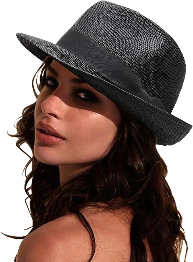 DRESHOW Women Straw Sun Hat Short Brim Panama Travel Fedora Beach Cap Roll up Summer Hat for Women Men UPF 50+