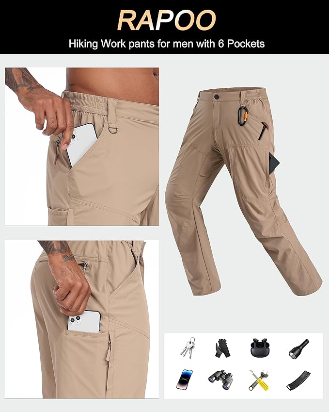 Rapoo Mens Hiking Pants Lightweight Water Resistant Breathable Nylon Cargo Pants with 6 Pockets