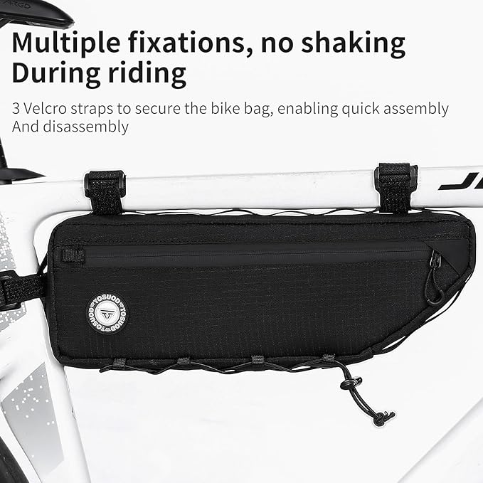 Bike Frame Bag 2L/3L – Waterproof 600D/Scratch-Proof, 7" Phone Fit, 4-Point & Multi-Position Anti-Sway Straps, Full-Side Zipper Quick Access, Tool-Free Install, Universal MTB/Road/Gravel/E-Bike