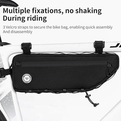Bike Frame Bag 2L/3L – Waterproof 600D/Scratch-Proof, 7" Phone Fit, 4-Point & Multi-Position Anti-Sway Straps, Full-Side Zipper Quick Access, Tool-Free Install, Universal MTB/Road/Gravel/E-Bike