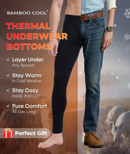 Men's Heavyweight Thermal Underwear Long Johns Bottom with Soft Wool Lining, Stretch Comfortable Base Layer for Cold Weather