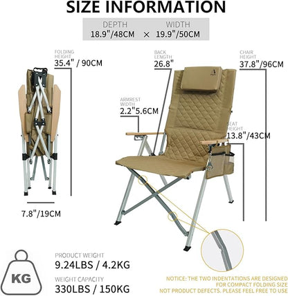 Reclining Camping Chair, Heavy Duty Folding Chairs with 4-Stage Adjustable High Back for Adults, Compact Foldable Outdoor Patio Reclining Chair with Storage Bag (Khaki, 1 Pack)