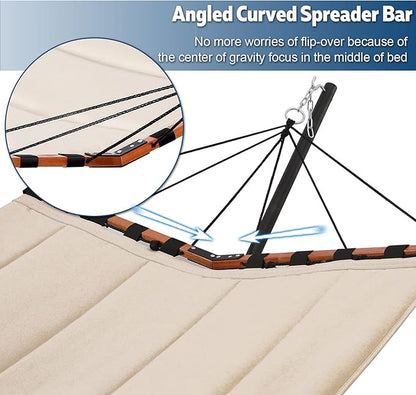 TegerDeger 12FT 2 Person Hammock with Stand Included 55 x 79IN Large Hammock 450LB Capacity with Hardwood Spreader Bar & Nylon Rope for Outside, Patio, Garden, Backyard, Beach, Poolside - Beige