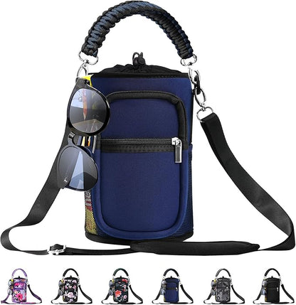 32/40/64/87/128 oz Water Bottle Carrier Bag, Neoprene Water Bottle Sleeve with 4 Pocket, Sport Water Holder with Paracord Handle and Shoulder Strap for Walking Hiking Camping Gym