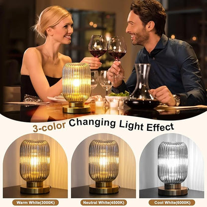 Modern Ribbed Glass Table Lamps Mid Century Bedside Light Small Nightstand Lamp with Plug-in Style, E26 Ambient Lighting for Bedroom Living Room Tabletop, Smoke Gray