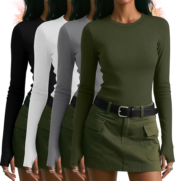 Neer 4 Pack Women's Fleece Thermal Long Sleeve Shirts, Thumb Holes Crew Neck Slim Fit Tops Warm Workout Basic Undershirt