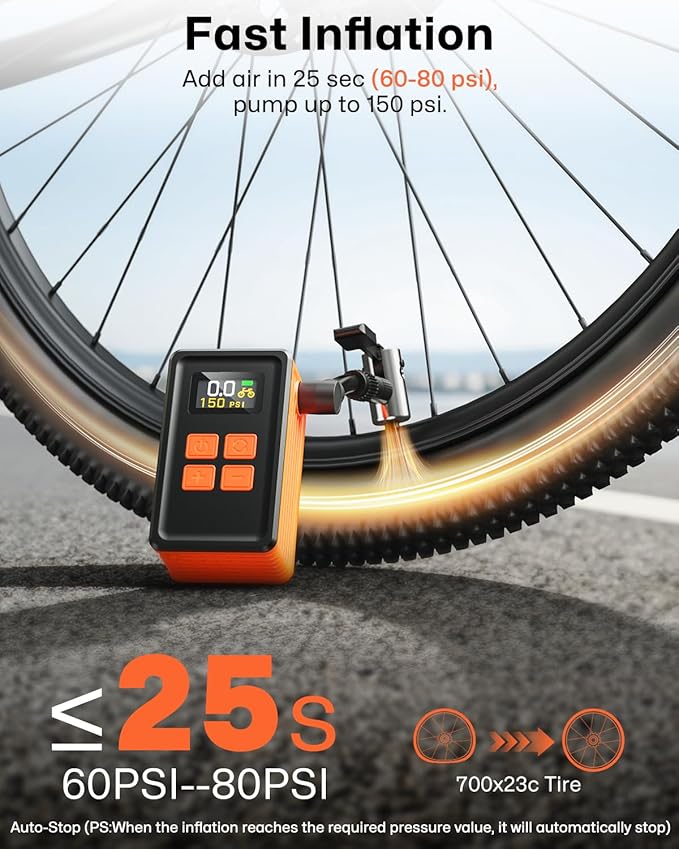 MCY Portable and Mini Bike Pump with Guage,20s Fast Inflate Electric Bike Tire Pump with 150PSI,Bicycle Pump with Presta,Schrader Valve,Auto Stop,Clear Pressure Display,Motorcycle,Ball,Swimming Ring