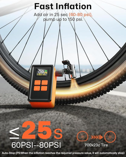 MCY Portable and Mini Bike Pump with Guage,20s Fast Inflate Electric Bike Tire Pump with 150PSI,Bicycle Pump with Presta,Schrader Valve,Auto Stop,Clear Pressure Display,Motorcycle,Ball,Swimming Ring