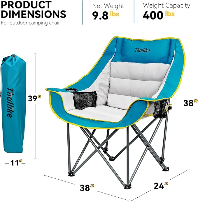 Oversized Camping Chair, Portable Folding Padded Camping Chairs with Cup Holder and Carry Bag, Heavy Duty Outdoor Camping Chairs for Adults, Up to 400Lb, for Fishing (Blue-2 Pack)