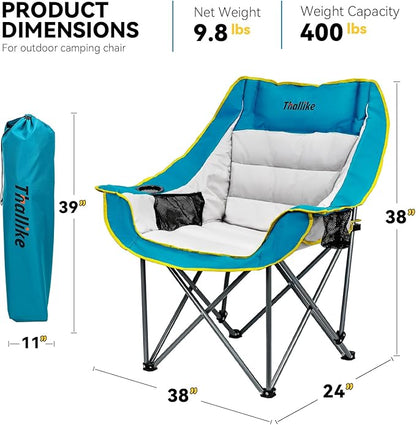 Oversized Camping Chair, Portable Folding Padded Camping Chairs with Cup Holder and Carry Bag, Heavy Duty Outdoor Camping Chairs for Adults, Up to 400Lb, for Fishing (Blue-2 Pack)