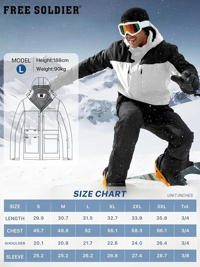 FREE SOLDIER Men's Waterproof Ski Jacket Fleece Lined Warm Winter Snow Coat with Hood Fully Taped Seams
