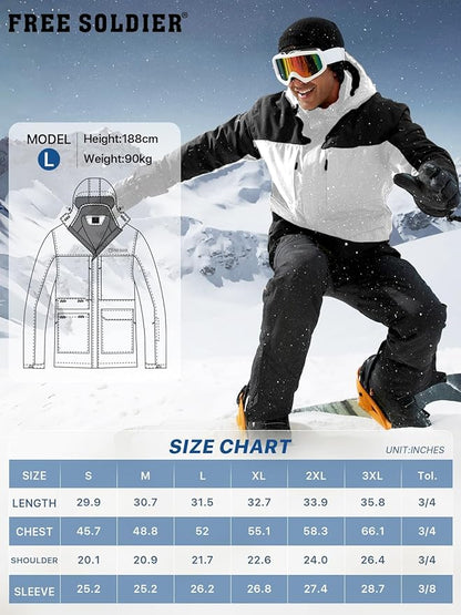 FREE SOLDIER Men's Waterproof Ski Jacket Fleece Lined Warm Winter Snow Coat with Hood Fully Taped Seams