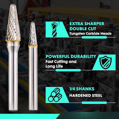 10 PCS 1/4" Shank Tungsten Carbide Burr Set Double Cut for Metal Grinding, Deburring Die Grinder Bits Fit Dewalt Milwaukee Die Grinders Accessories 1PC Mandrel & 5PC 3inch Cut Off Wheel