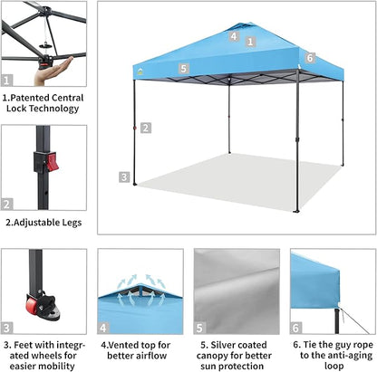 CROWN SHADES 10x10 Pop Up Canopy Tent - Patented Center Lock One Push Instant Outdoor Canopy Beach Tent with STO-N-Go Bag 8 Stakes & 4 Sand Bags，Sky Blue