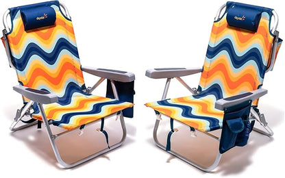 SUNNYFEEL Beach Chairs for Adults 2 Pack 5 Position Lay Flat, Portable Folding Backpack Beach Chair Heavy Duty with Cooler Bag, Cup Holder for Outdoor/Lawn/Picnic, Foldable Camping Chair