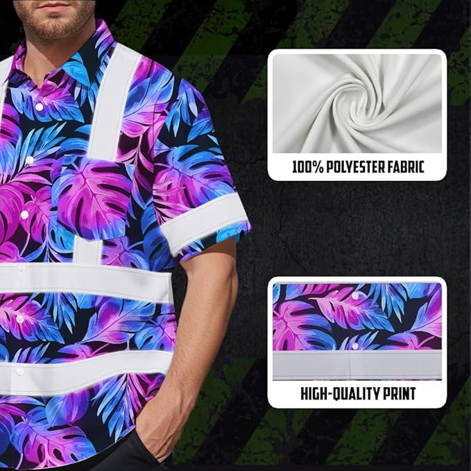 High Visibility Hawaiian Shirt for Men Tropical Shirts Custom Name Floral Outfit Reflective Safety Workwear