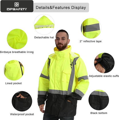 Reflective Rain jackets for men waterproof,Hi Vis Safety Coat With Reflective Strips，High Visibility Class 3 Rain jackets With 2 large pockets，Zipper,Black Bottom Lime,4XL/5XL