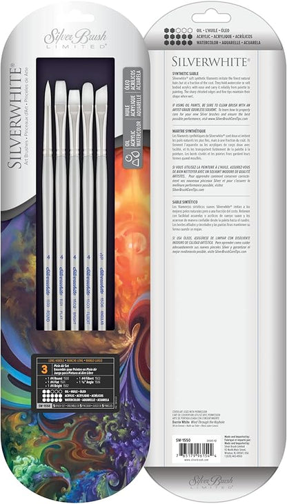 Silver Brush Limited SW-1550 Silverwhite Plein Air Set, Paintbrushes for Watercolor, Gouache, Inks, Dyes, Fluid, & Flow Acrylic, Set of 5, Round, Flat, Bright, Filbert, and Angle Brushes, Long Handle