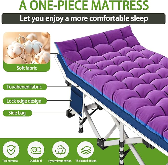Camping Cot with Comfortable Mattress Cots for Sleeping with Pad Heavy Duty Camping Bed Sleeping Bed Include Carry Bag Camping Cots for Adults Home Office Vocation Outdoor Nap